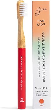 Better & Better Natural Bamboo Toothbrush for Kids | Extra Soft Bristle Toothbrush | 100% Plant-Based | Reusable Handle, Replaceable Brush Head | Eco-Friendly, Zero Plastic Red