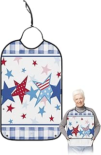Kewadony Adult Bibs for Elderly Women - 4th of July Waterproof Dining Clothing Protectors with Crumb Catcher for Eating/Feeding, Independence Day USA Flag Star Blue Plaid Terry Cloth Bib Washable