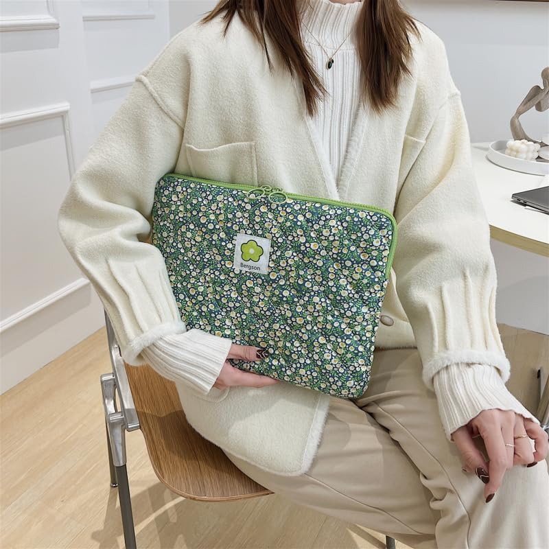 11-15.6 Inch Cute Puffy Laptop Sleeve Fairycore Floral Carrying Laptop Bag Cover Kawaii Aesthetic Tablet Liner Pouch Preppy Stuff Cottagecore Office Accessories (Green Flower,15 Inch)