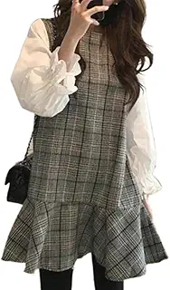 [Riaminy] [リアミニィ] ワンピース レディース 秋服 チェック柄 シャツワンピース チュニック風 ミニ丈 体型カバー フリル袖 Aライン ゆるふわ 異素材 重ね着風 長袖 きれいめ 可愛い 春 秋 冬 おしゃれ 春服 冬服