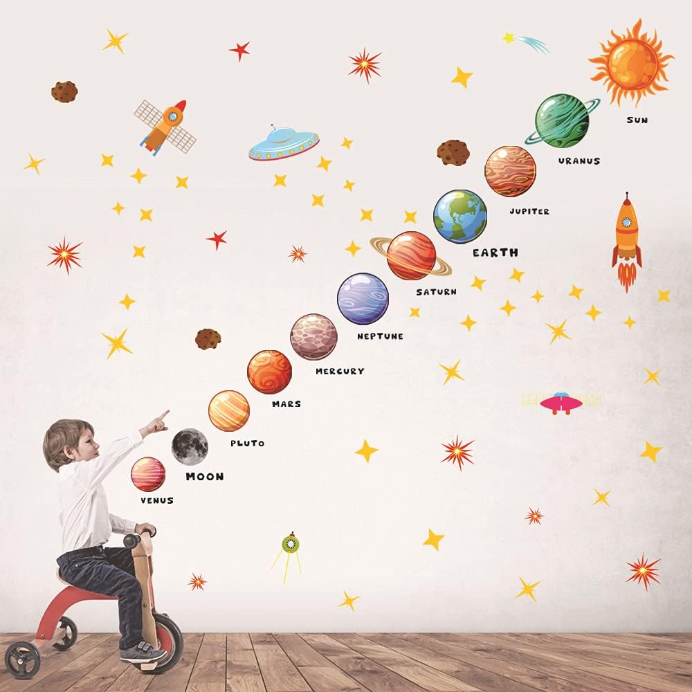 Planets Wall Sticker, Space Wall Decals, Room Decor Solar System Wall Stickers, Removable DIY Cartoon Party Wallpaper for Kid’s Bedroom Playroom Decor