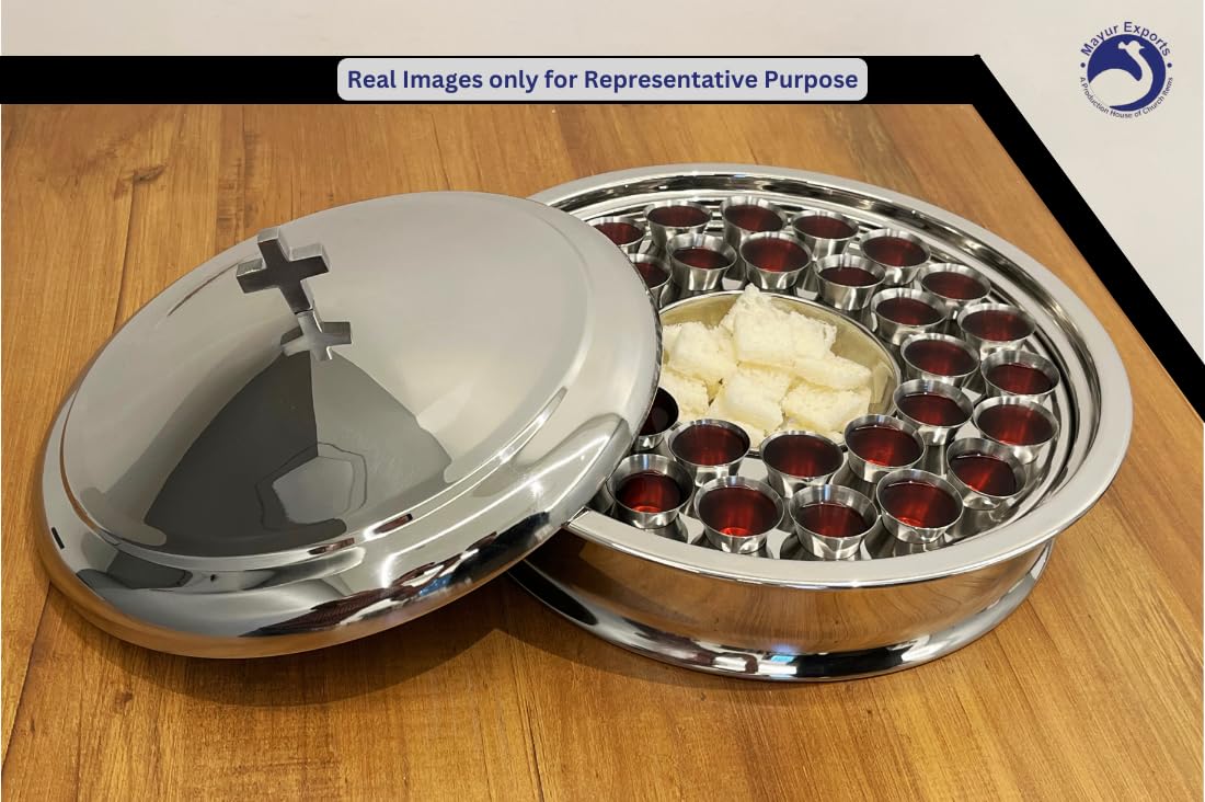 Communion Ware - Juego de iglesia | 1 bandeja de vino de comunión con plato de pan central y cubierta | Bandeja de capacidad para 32 tazas | Ideal para iglesias | Acero inoxidable - Acabado brillante