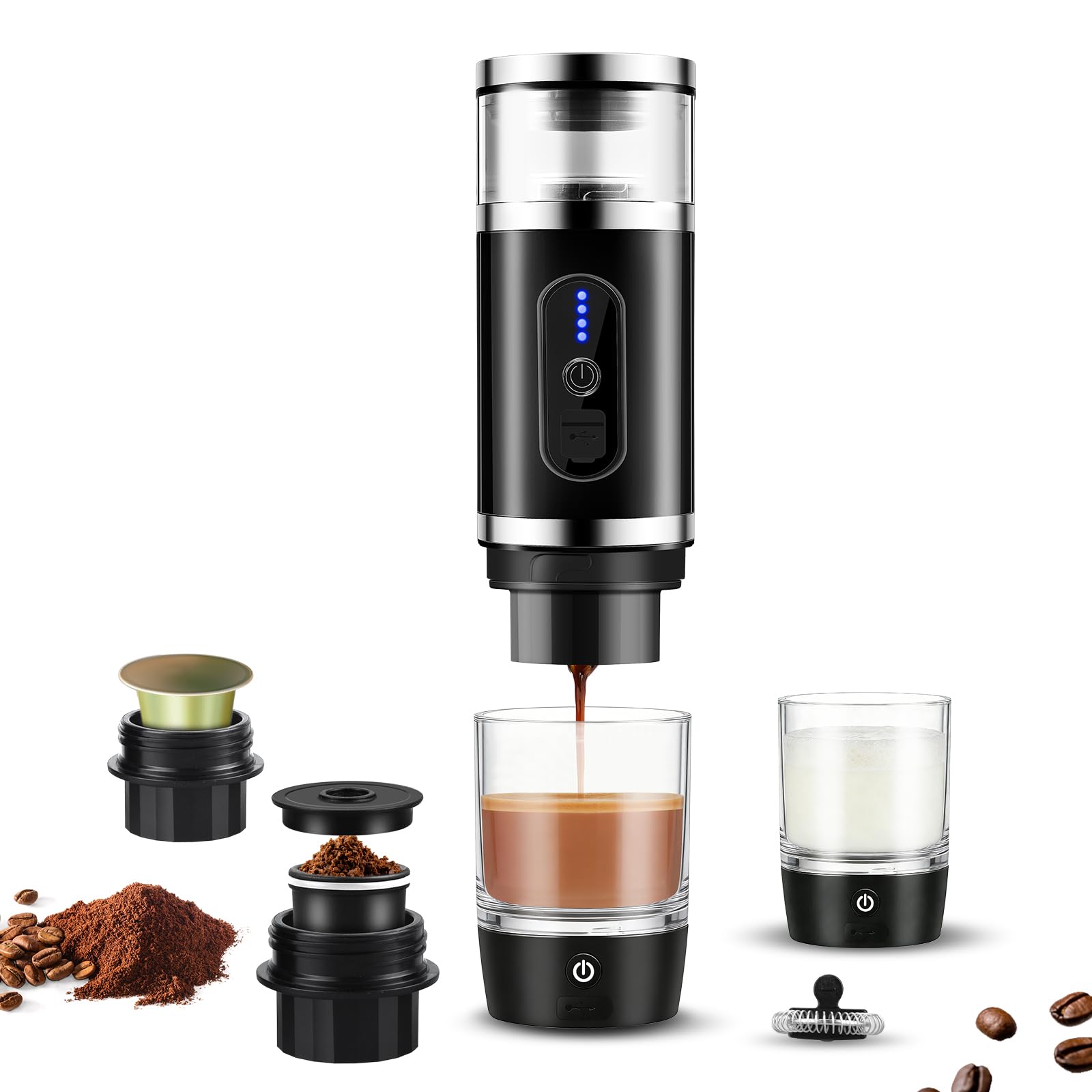 4-in-1 Tragbare Espressomaschine mit Milchaufschäumer, akku kaffeemaschine für gemahlenen kaffee und kapseln，kaffeemaschine to go geeignet fürs Büro, für Reisen und beim Camping, Cappuccino, Macchiato