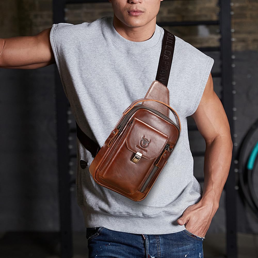 Domary Bolso Bandolera de Cuero Genuino, Mochila Duradera con Pecho para Agua, para Viajes Al Aire, Hombres y Mujeres (Negro)