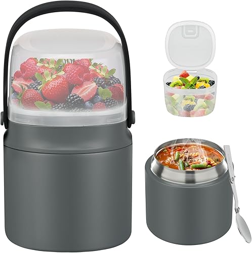 2 - in - 1 Soup Thermo for Hot Food 14oz with Snack Box Container Leak Proof Insulated Lunch Container Kids and Adults Stainless Steel Double Wall
