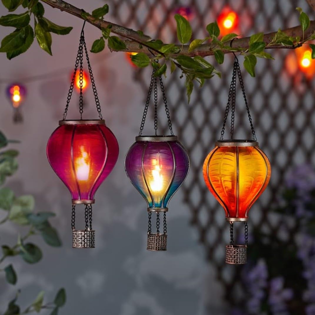 3 pk Solar Power Rainbow Stain Cool Fiesta Realistic Flame Outdoor Hanging SMD LED Hot Air Balloon Lantern - Multicoloured Glass Effect Flaming Garden Light with Handle [Energy Class A+]