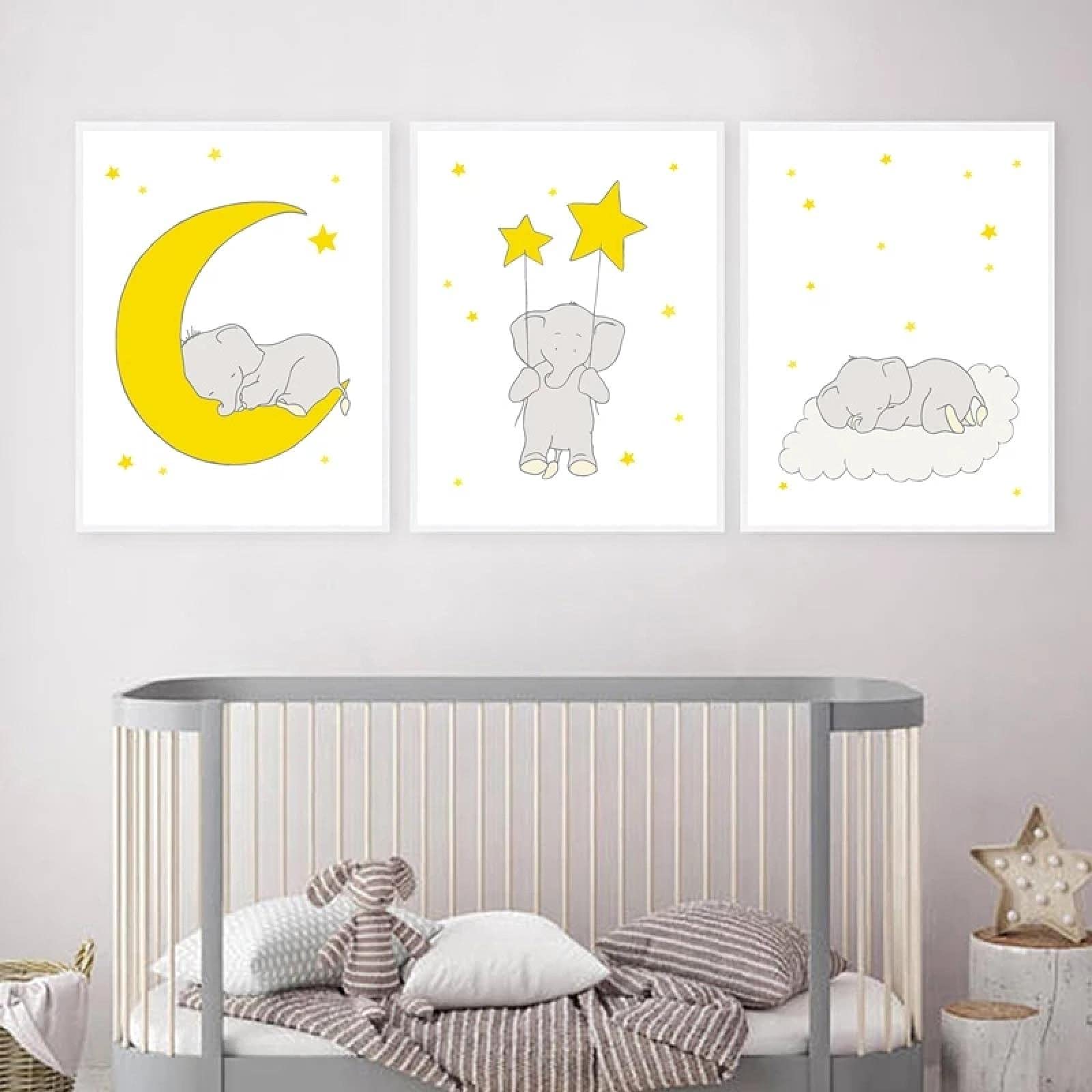 Amarillo bebé elefante luna estrella nube arte de pared lienzo pintura carteles nórdicos e impresiones cuadros de pared para decoración de habitación de niños 40x50cm (16x20in) x3 sin marco