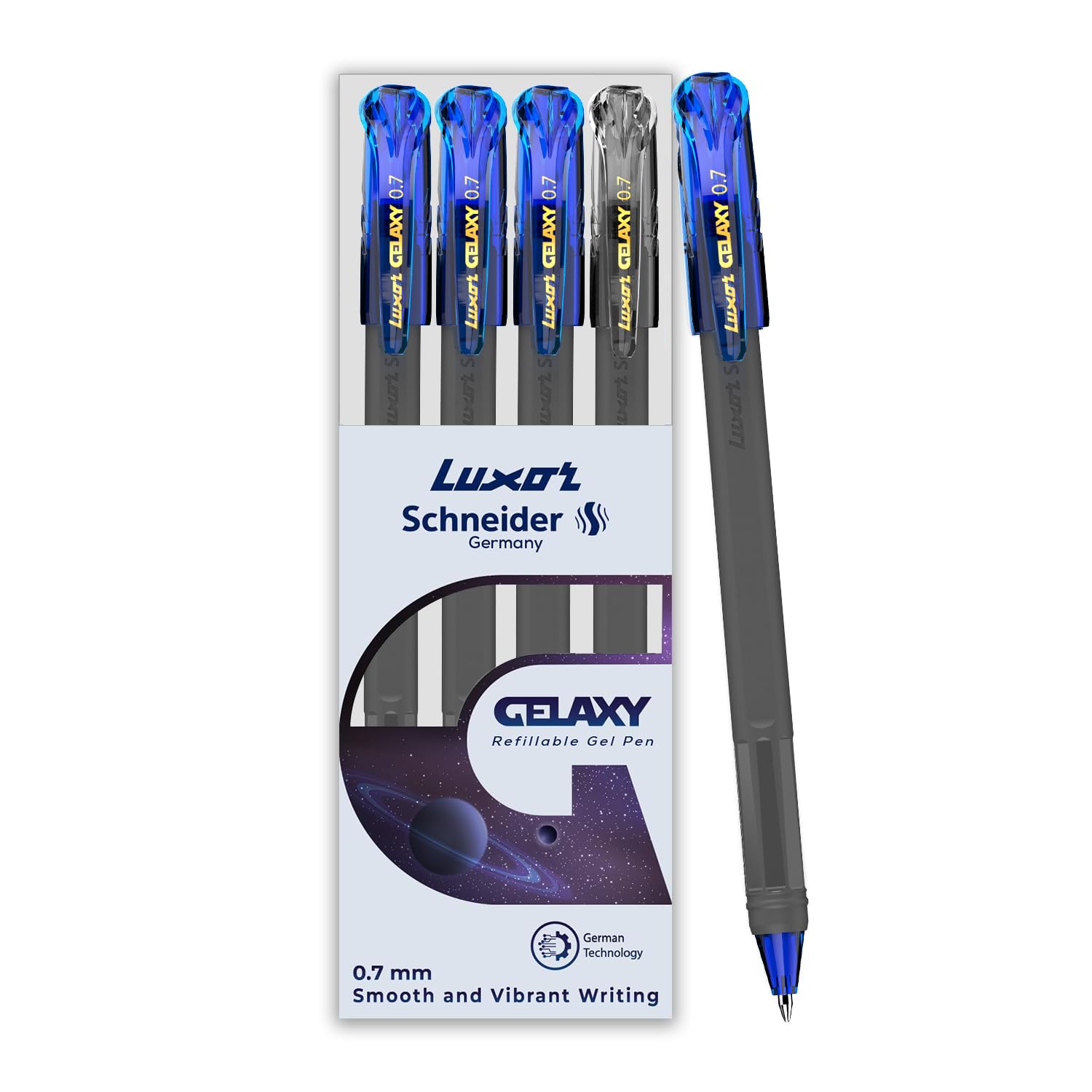 Luxor Schneider Gelaxy|Refillable Gel Pen|Pack of 4-(3Blue + 1Black)|0.7mm Precise Writing|Quick Dry Ink | German Technology|Smooth Writing Experience| Ideal for Students & Professionals