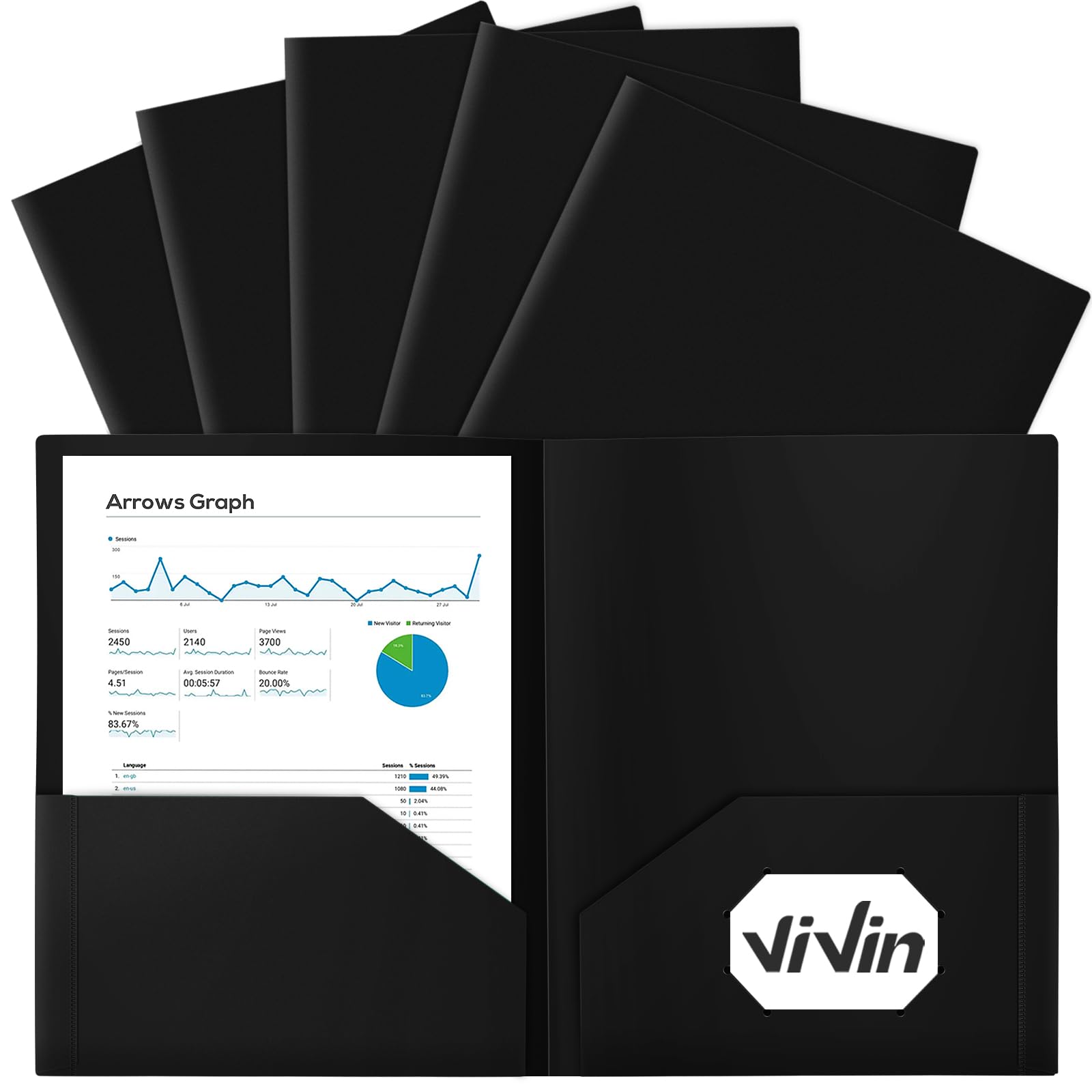 ViVin 12-Pack Black Plastic Folders with Pockets, Fits 8.5 x 11 Inch Letter Size Papers, Sturdy 2 Pocket Folders, Plastic Pocket Folders for Home