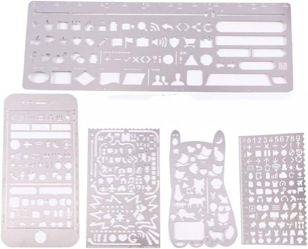 Set of 5 Stainless Steel Drawing Painting Stencils Scale Template, Graphics Stencils for Scrapbooking, Card and Craft Projects,Perfect for Using with Your Bullet Journal