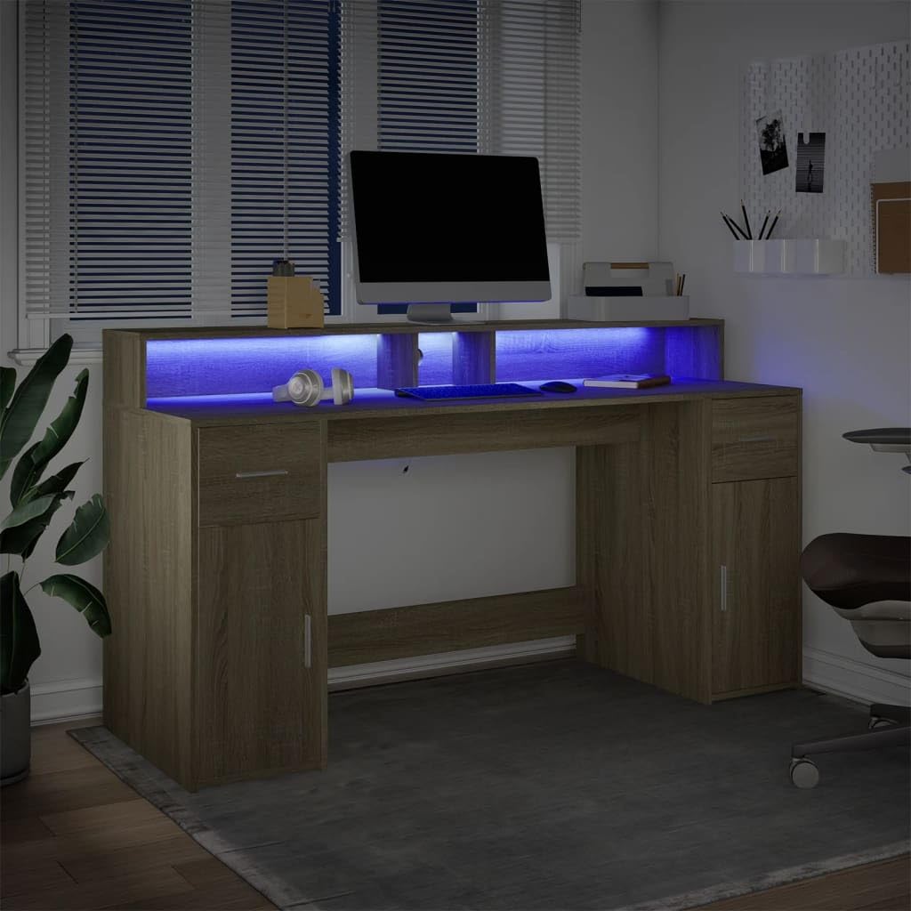 Homgoday Biurko z diodami LED Sonoma 160 x 55 x 91 cm, wielowarstwowe, meble biurkowe, biurko, biurko komputerowe, biurko zajmujące mało miejsca, stół biurkowy, biurko do gier do pokoju dziecięcego