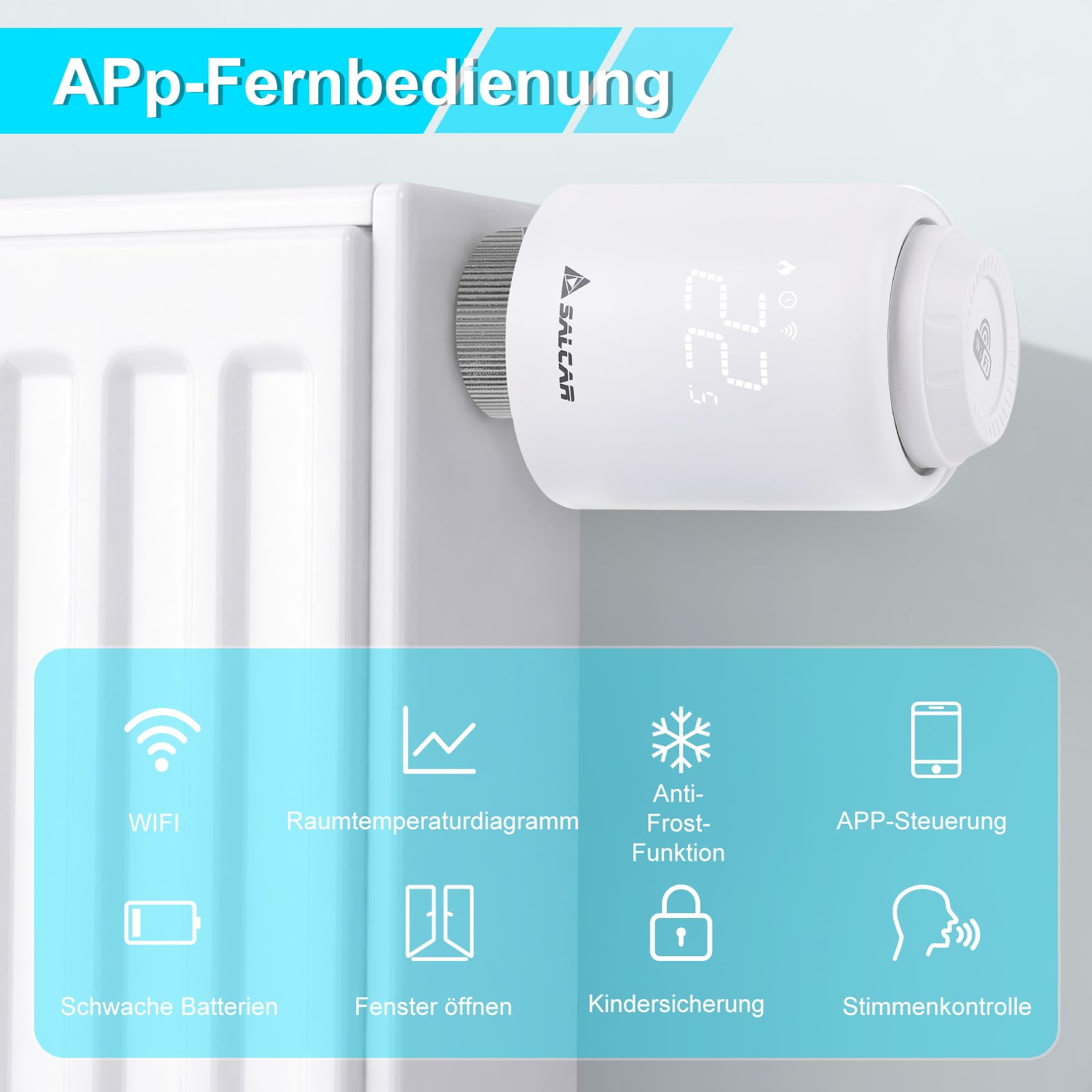 SALCAR Smartes Heizkörperthermostat WiFi TRV603 Thermostat Heizung Kompatibel mit Amazon Alexa & Google Assistant Programmierbar Heizungsthermostat Tuya Smartes Heizkörper kein Gateway erforderlich