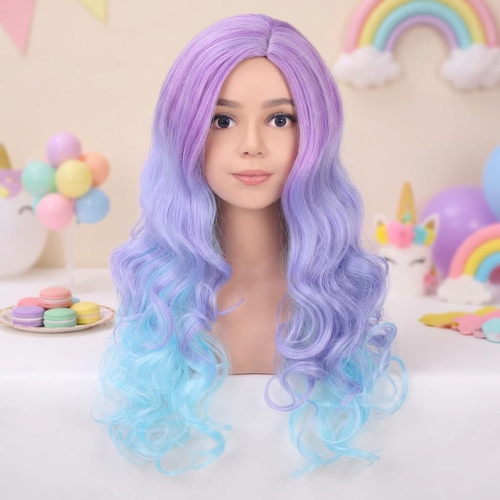 Kids Curly Wavy Wig for Girls Mixed Color Synthetic Hairpiece