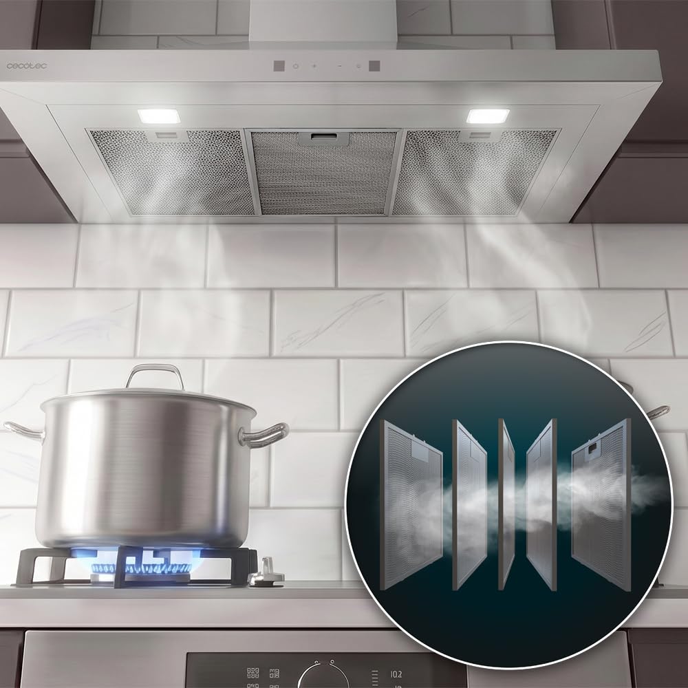 Cecotec Okap piramidalny 70 cm Bolero Flux PT 704400 Inox A+++. Przednie szkło w kolorze białym, ssanie 449,5 m³/h, niewidzialne sterowanie dotykowe, funkcja wzmacniacza, filtry zmywalne, klasa A+++