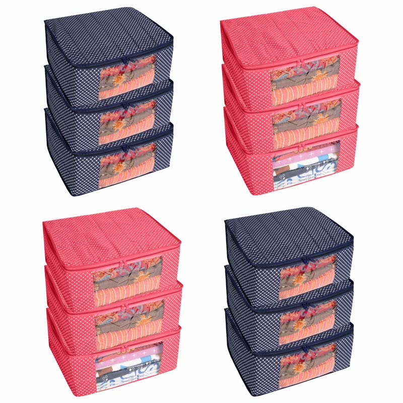 Homestrap Set of 12 Cotton Quilted Saree Covers Combo | 3-Layered Foldable Storage Bags with Transparent Window & Zip | Premium Wardrobe Organizer for Sarees, Lehengas, Dresses | Navy Blue & Pink