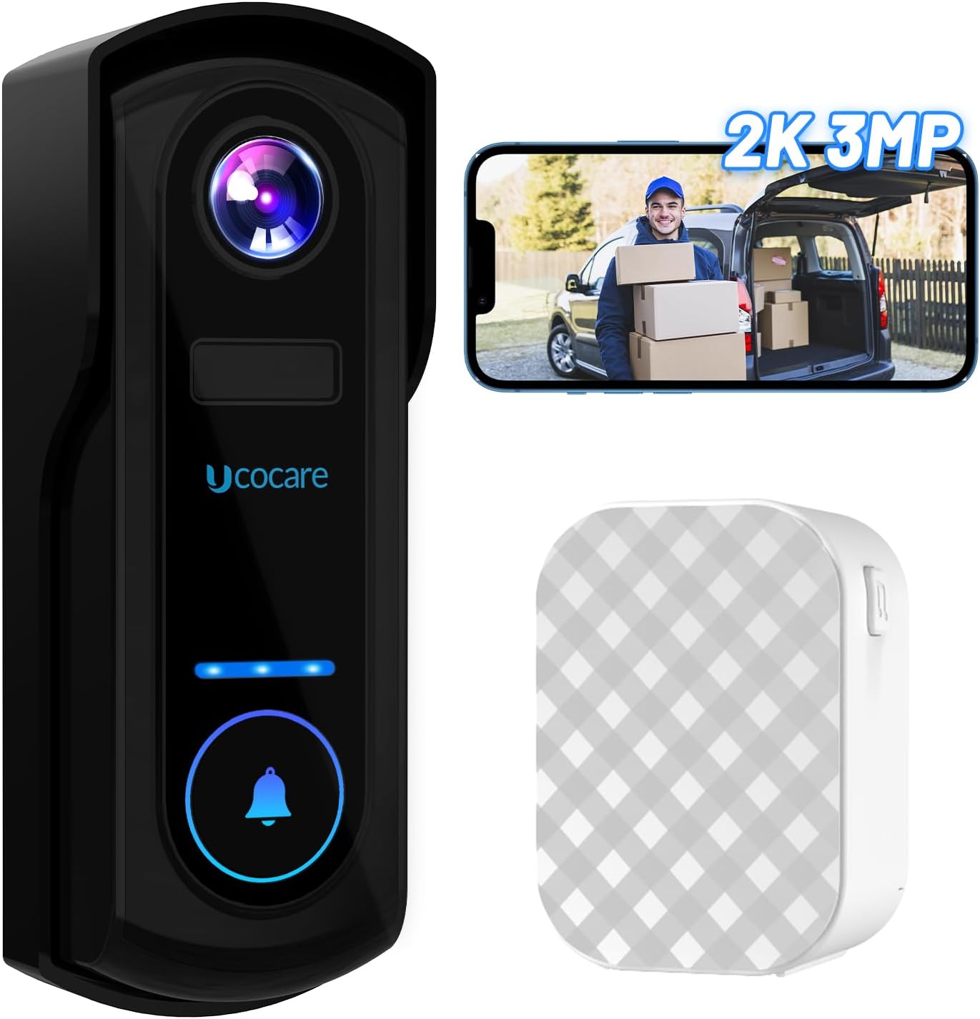UCOCARE Videodeurbel camera draadloos met klokkenspel, 2K WiFi-camera deurbel met bewegingsdetectie, nachtzicht, 2-weg gesprek, videogesprek, instant melding, ondersteuning TF/Cloud opslag UCOCARE Videodeurbel camera draadloos met klokkenspel, 2K WiFi-camera deurbel met bewegingsdetectie, nachtzicht, 2-weg gesprek, videogesprek, instant melding, ondersteuning TF/Cloud opslag