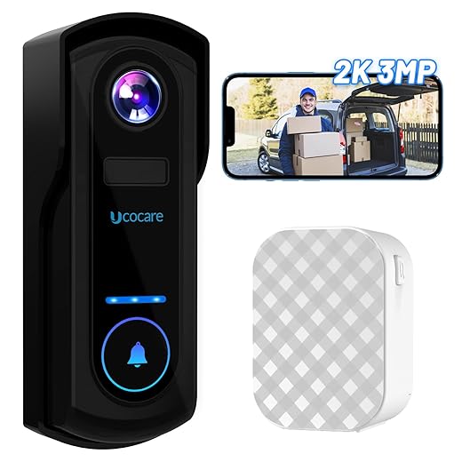 UCOCARE Timbre de video inalámbrico con timbre, cámara de timbre WiFi de 2K 4MP, batería de 10000 mAh, detección de movimiento PIR, mensaje de voz, visión nocturna 2K, audio de 2 vías, IP67,