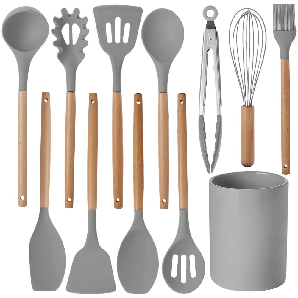 Küchenhelfer-Set – 12-teiliges Silikon-Kochutensilien mit Holzgriffen, hitzebeständig und antihaftbeschichtet, inklusive Zange, Spatel, Löffel, Aufbewahrungseimer, spülmaschinenfest
