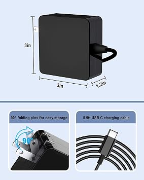 65W USB C Power Adapter, Fiattigear Type C Power PD Wall Fast Charger Compatible with Mac Book Pro, Dell Latitude, Lenovo, Huawei Matebook, HP Spectre, Acer Chromebook and Any Laptops or Smart Phones1