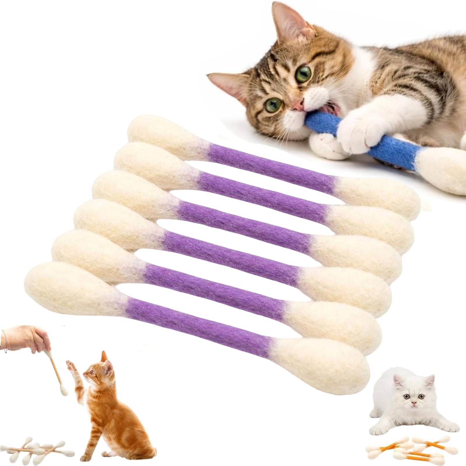 Cotton Swab Cat Toys with Catnip, Q Tip Cat Toy 6 PCS, Big Kitten Chew Dental Teething Ropes Giant Interactive Felt Kitty Kicker Toy Sticks for Boredom Exercise Play Anxiety (Purple)