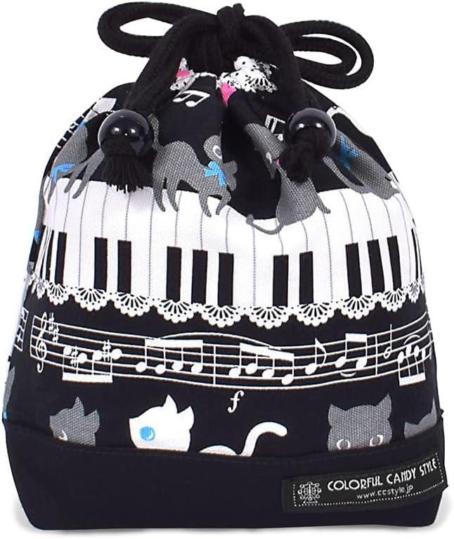 Black Cat Waltz dancing on the (small size) with gusset bag cup piano drawstring Gokigen lunch (black) x Ox black made in Japan N3560300 (japan import) by COLORFUL CANDY STYLE