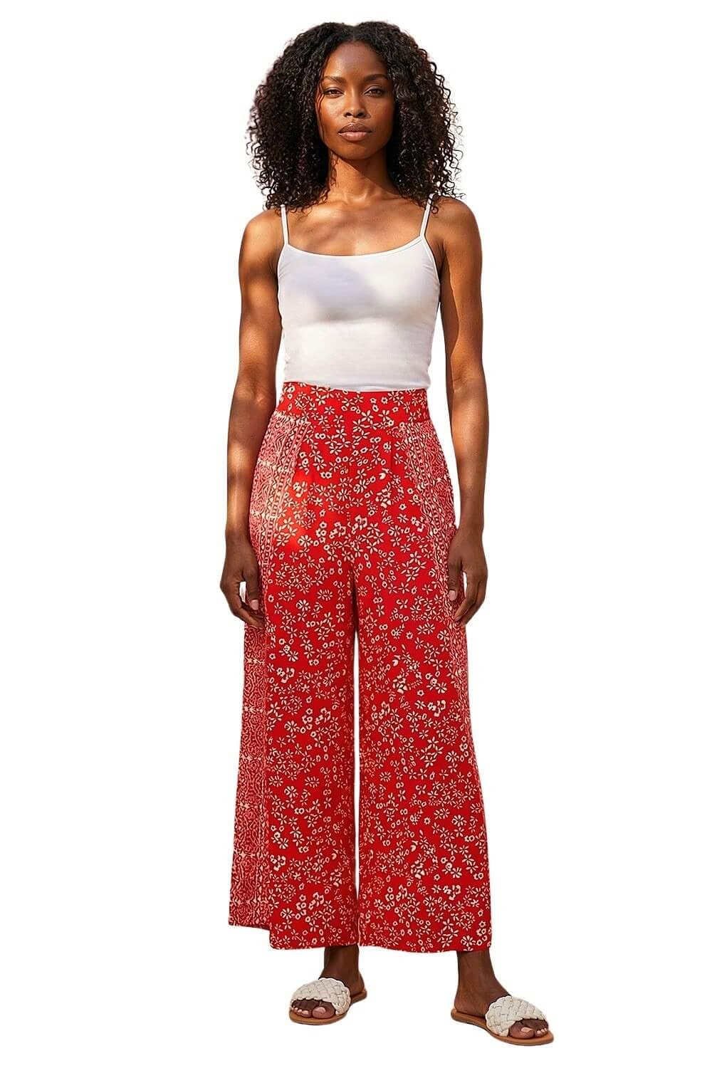 Roman Women's Red Floral Print Wide Leg Culottes Trouser In | : Size 16