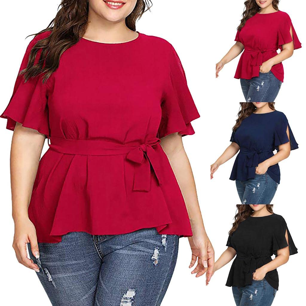 Damska koszulka na lato, na lato, na co dzień, z krótkim rękawem, koszulka typu henley, basic, luźna, tunika, bluzka, eleganckie koszule, czerwony, XXL
