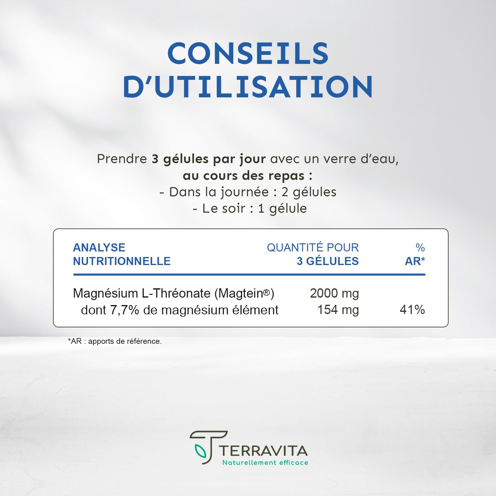 Magnésium L-Thréonate Magtein® | 2000 mg par Dose | Capacités Cognitives : Apprentissage, Mémoire et Concentration | Assimilation Cérébrale Inégalée | 90 Gélules Vegan | Made in France | Terravita