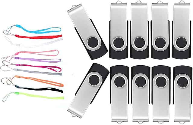 Memory Sticks 10 Pack 1GB USB 2.0 Stick - Portable Flash Drive 1 GB Multipack Swivel Keychain Pendrive - Data Storage Thumb Drive Value Black Pen Drive with 10pcs Lanyards by FEBNISCTE