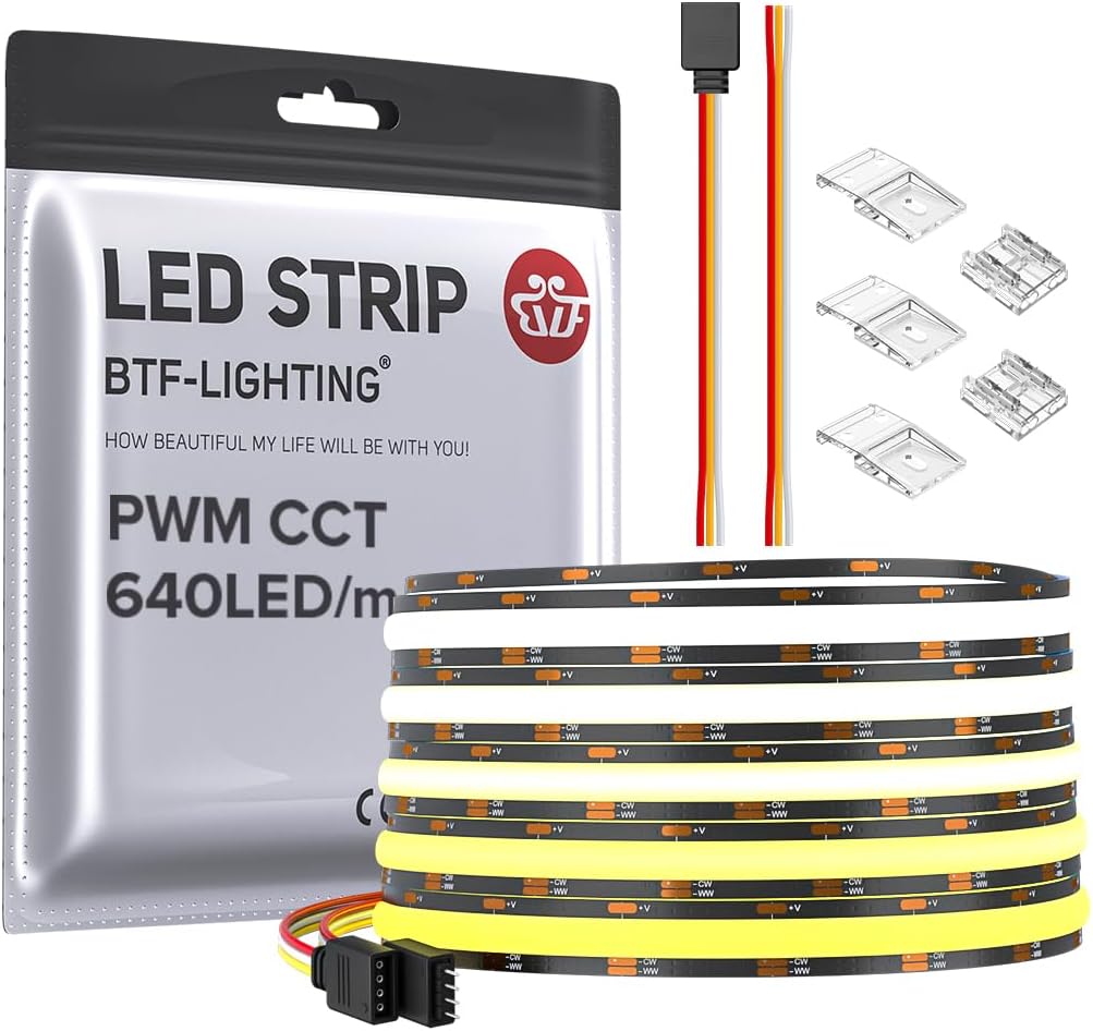 BTF-LIGHTING FCOB CCT COB LED Strip Tunable 2700K-6500K DC24V 2X16.4FT Total 32.8FT 640LED/m CRI 90+ Flexible High Density Dimmable LED Light for Home Indoor Decor(No Adapter or Controller)