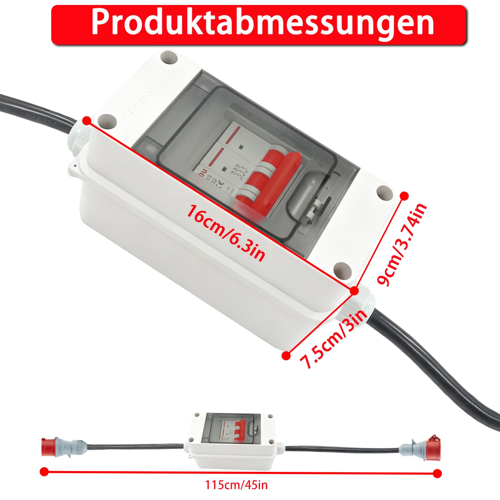 Adattatore CEE 32A a 16A CA con interruttore di protezione del cavo, monofase, 5 poli IP44 impermeabile, 3x2,5 mm², ideale per industria, cantiere, camper e uso domestico
