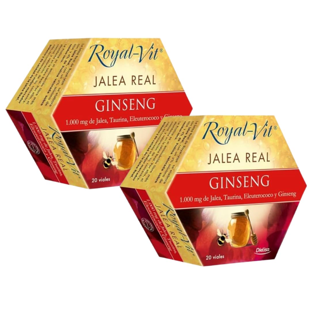 Royal-Vit Jalea Real Ginseng - Pack Ahorro 2 x 20 Viales de 10ml - Complemento Alimenticio con 1000 mg de Jalea Real, Eleutorococo y Taurina - Ayuda al Rendimiento Físico e Intelectual