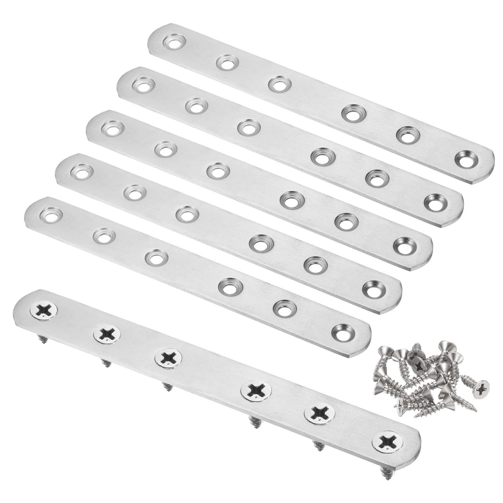 sourcing map 6pcs Straight Bracket 6.5" x 0.8" Stainless Steel Flat Fixing Brackets Mending Plate Corner Brace Connector with 36 Screws for Wood Board Bed Frame Furniture Shelves, Silver