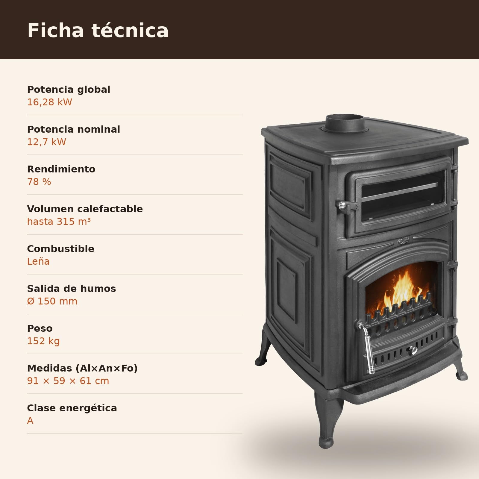 EIDER BIOMASA Estufa Leña ANTARES IRON con Horno – 16,28 kW – Fundición Completa – Horno 16×29×41 cm – Hasta 315 m³ – 91×59×61 cm – Clase A