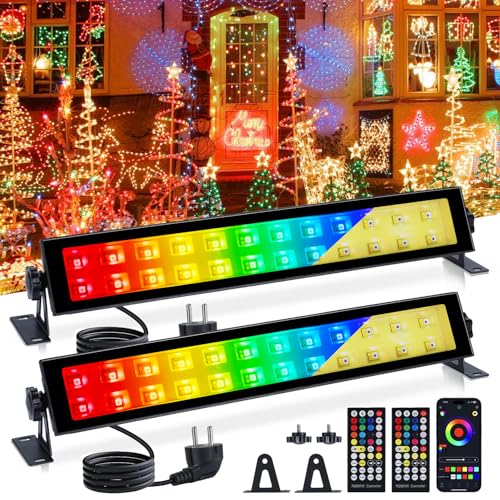 VAYALT 2 faretti LED RGB da 48 W RGB da parete con controllo APP Bluetooth e barra LED dimmerabile, IP66, impermeabili, per DJ discoteca, giardino, Halloween (bianco caldo + luce fredda)