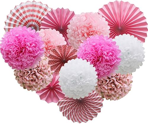 Miniatura 7 de Decoración de fiesta de papel para colgar, color rosa, blanco y negro, juego de abanicos de papel redondos, pompones de papel para temática de