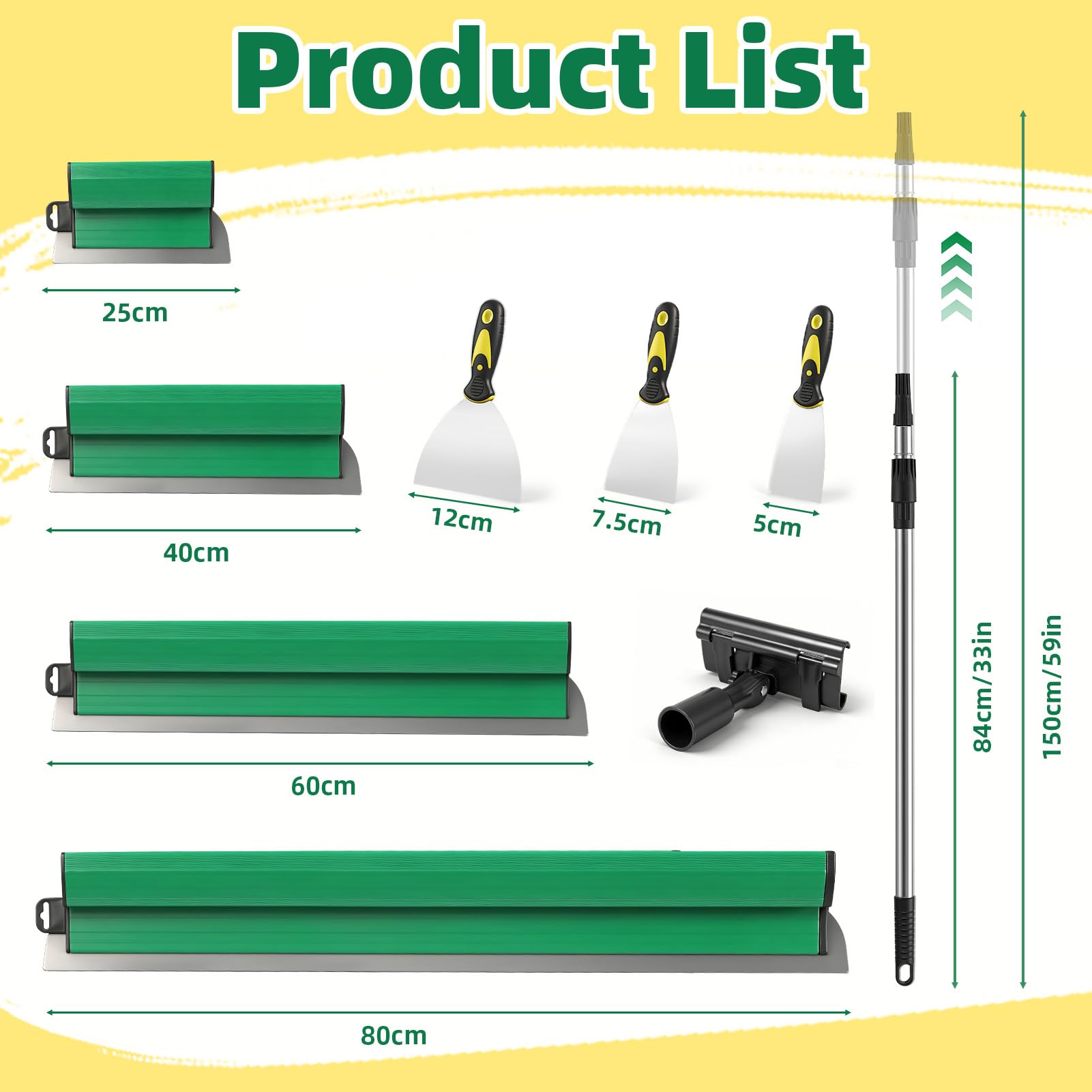 Sararoom Flächenspachtel Set, Spachtel Werkzeug, Trockenbau Spachtel (25 40 60 80 cm) und 84cm-150cm Teleskopstange | Glättungsspatel Kit mit 3 Malerspachtel für Verputzen von Wänden & Decken, Tapeten