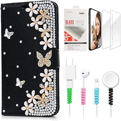 STENES Bling - Funda de piel tipo cartera para Samsung Galaxy S21, diseño de flores y mariposas en 3D, color negro