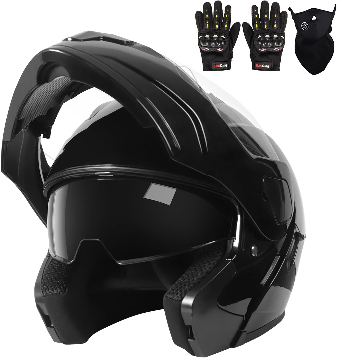 Adult Modular Motorcycle Helmets, DOT Approved Flip up Dual Visor Full Face Helmet for Men Women Moto ATV UTV Snowmobile ADV Four Wheeler Street Bike with Gloves & Mask Medium Shiny Black