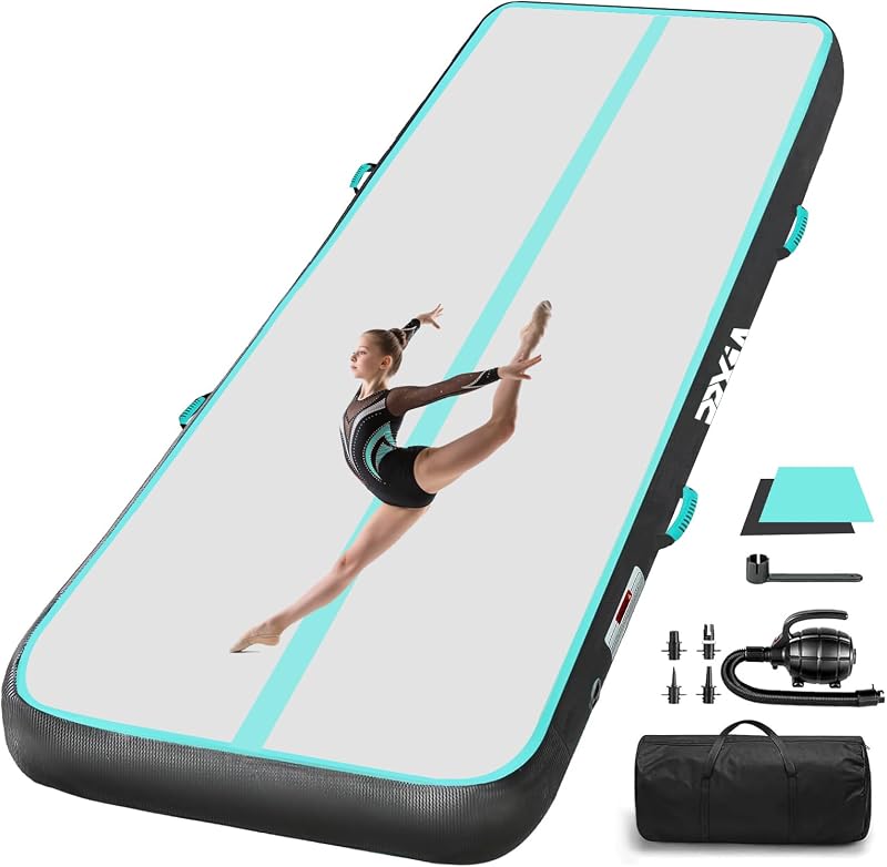 PPXIA Felfújható Tornaszőnyeg 400x100x20cm Pumpával - Taekwondo, Jóga, Fitness Edzőmatrac PVC Anyagból, Menta Zöld/Fekete