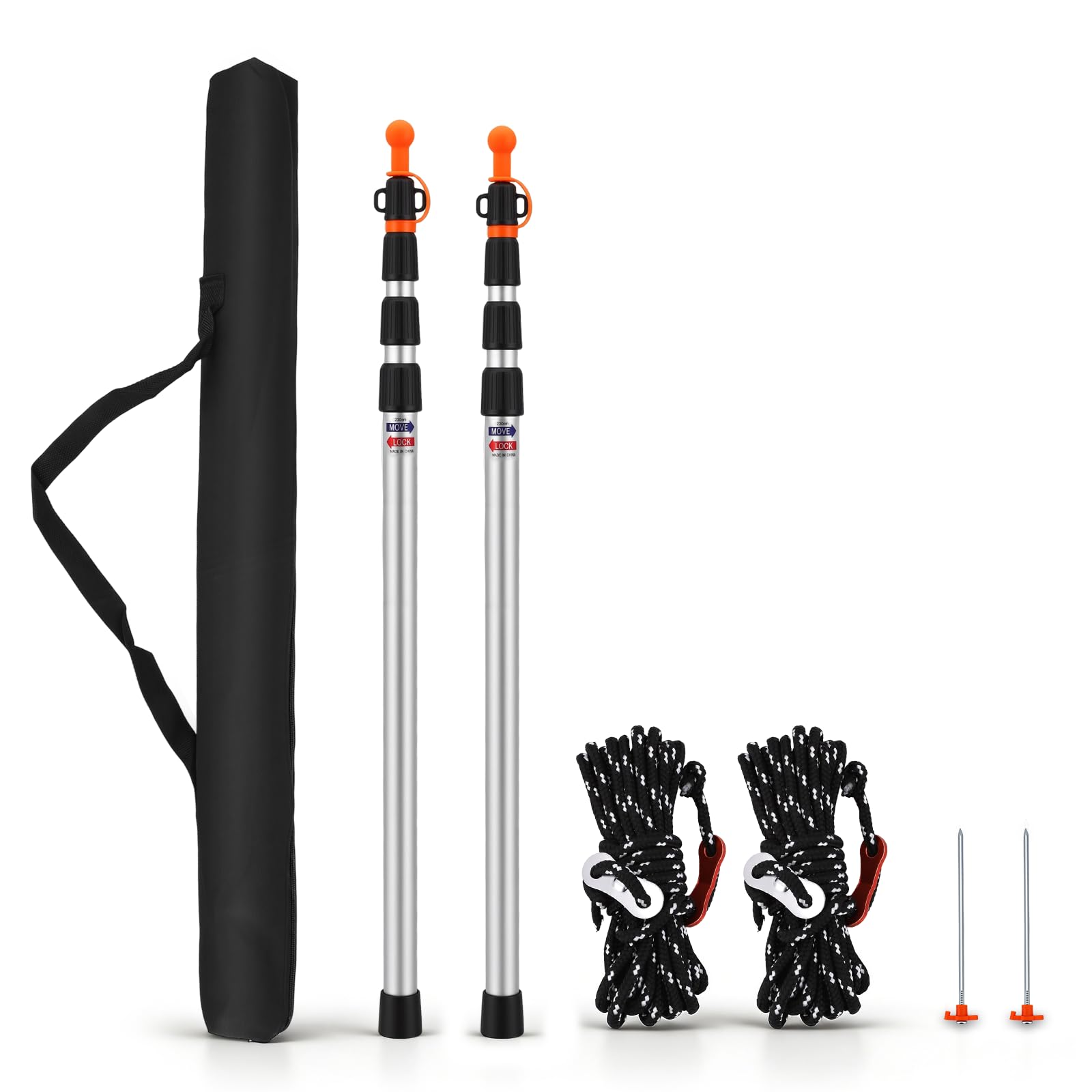 Barre télescopique pour tentes 2 pièces, Mat télescopique en alu 80-240cm – Barres de bâche pour Voile d‘ombrage, Camping – Tige télescopique avec Embout antidérapant et Housse de Rangement