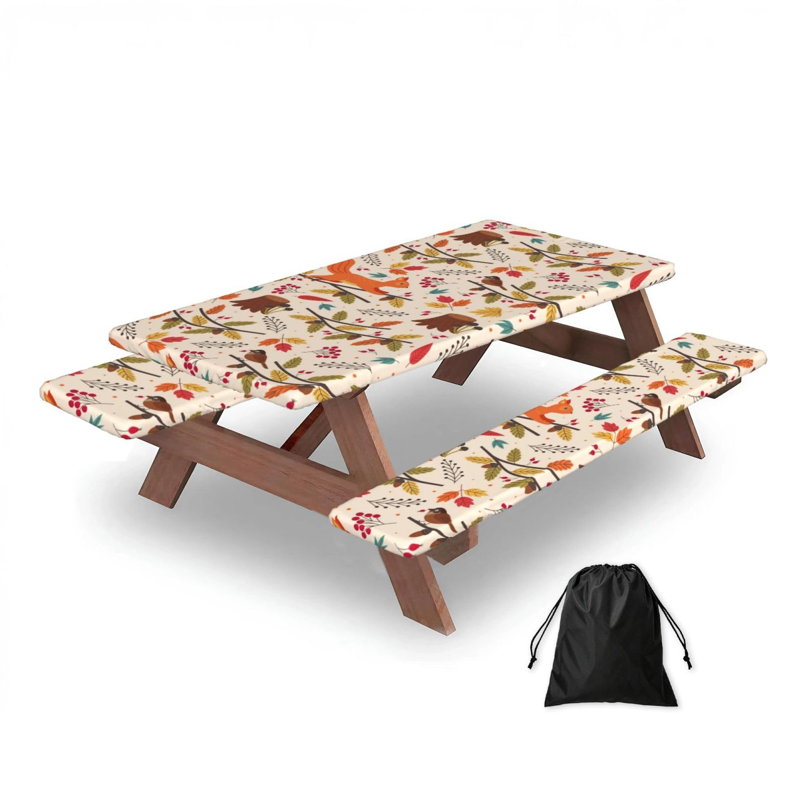 Dopklna As Picture Squirrel And Autumn, Picnic Table Cover With Bench Covers -Waterproof Elastic Fitted Tablecloth For Garden Camping Patio 76X152cm