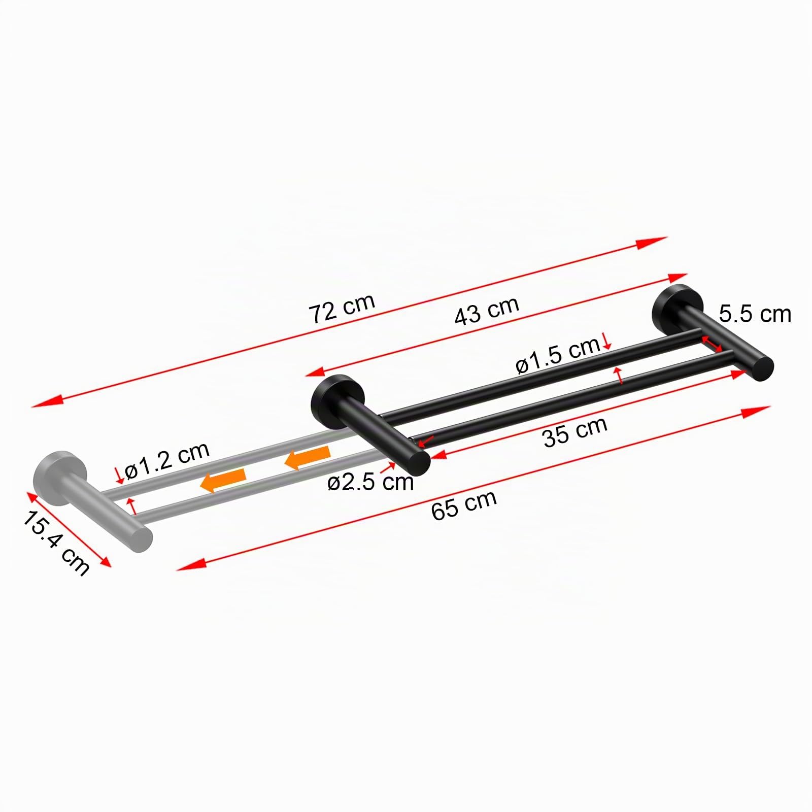 Porte Serviette Rétractable 43-72CM Porte-Serviettes Barre Porte-Serviette Acier Inoxydable Porte-Serviettes Mural, Noir (Double Barre)