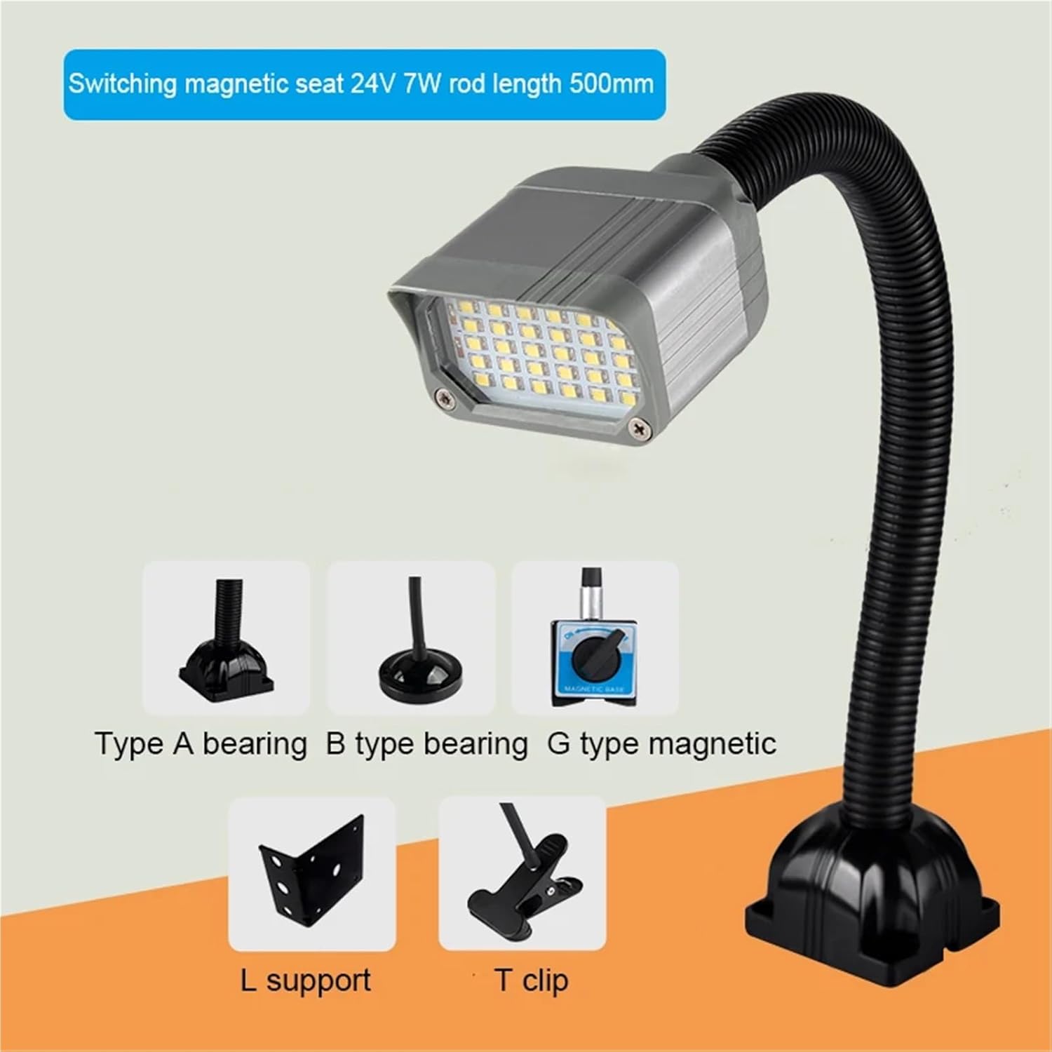Long Flexiable Gooseneck LED Machine Tool Working Lamp Magnetic Lamp 24V Metal Header Punch/Milling Machine Lamp(G Type Base 24V 7W)