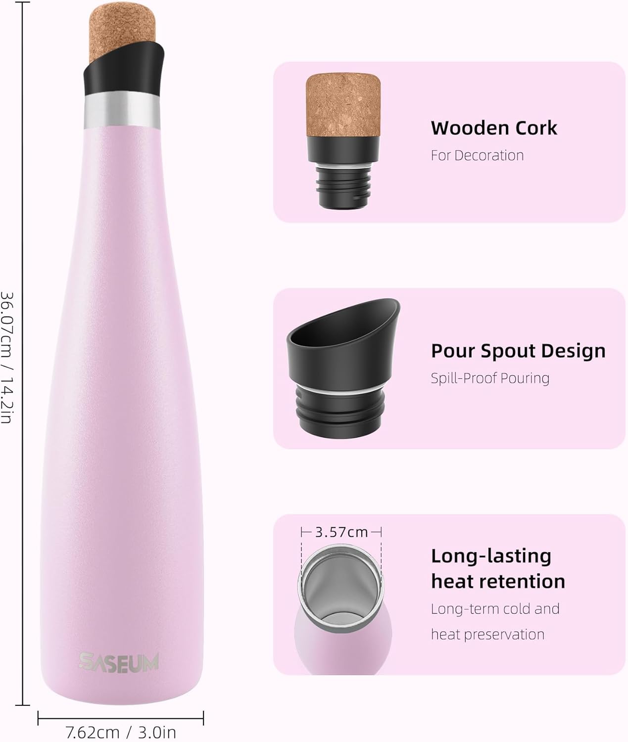 SASEUM Wine Bottle, 32 oz Insulated Stainless Steel Water Bottle and Wine Decanter with Vacuum Sealed Lid - Pink 32 oz (1000ml)