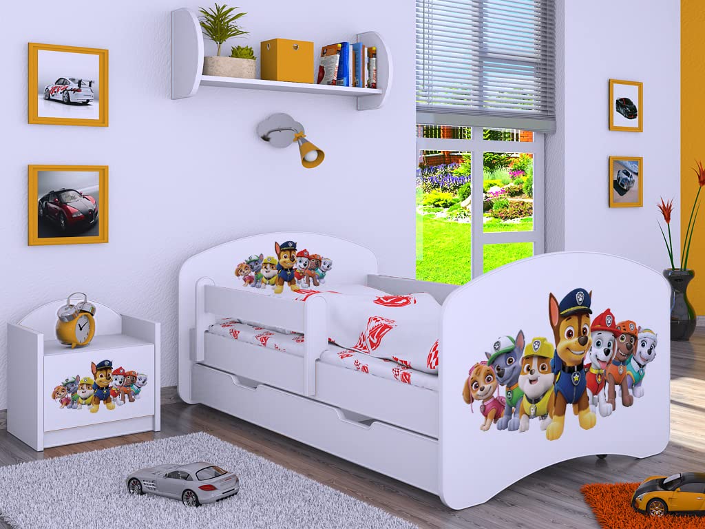 Lit Enfant Super Dogs avec Matelas et Tiroir 140x70 Blanc Motif 3 - Lit Bébé Antichute Confortable et Durable
