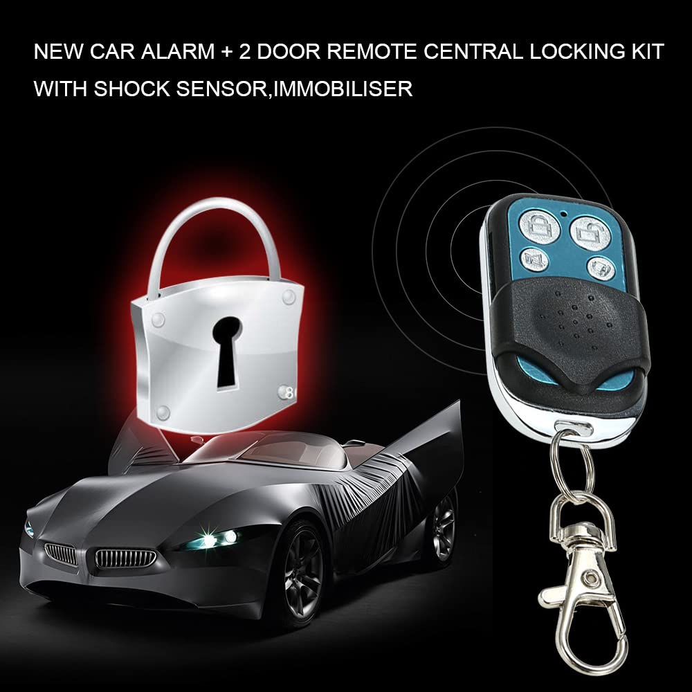Shkalacar Système d'alarme de voiture avec 2 portes à distance - Kit de verrouillage central - Capteur de choc - Antidémarrage - Système d'alarme antivol de sécurité avec entrée sans clé