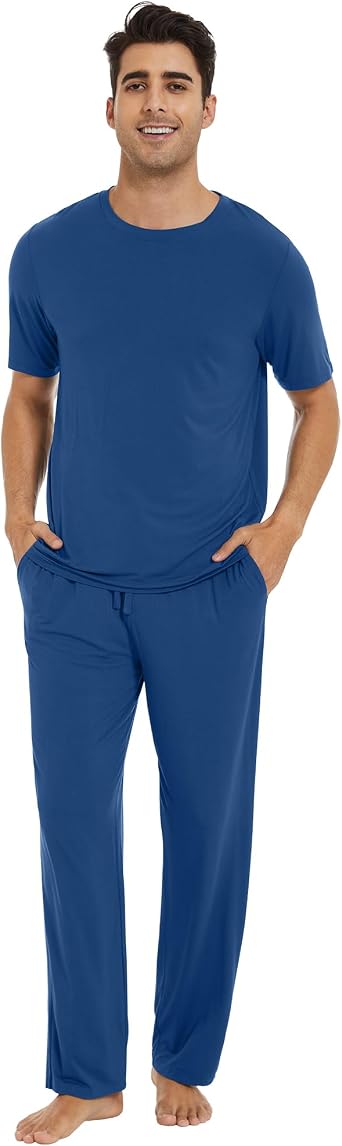 WiWi Mens Short Sleeve Pajamas Set Sleepwear Casual Soft Sleep Sets with Pockets Loungewear Viscose from Bamboo S-XXL