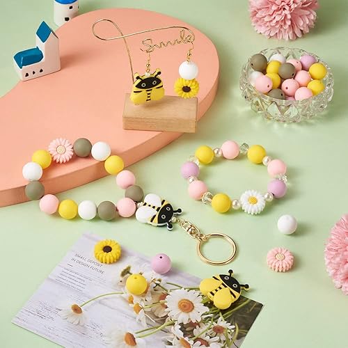 Miniatura 2 de 59 cuentas redondas de silicona coloridas con forma de margarita, flor, abeja, cuentas de silicona de 0.591-1.220in para bricolaje, collares,