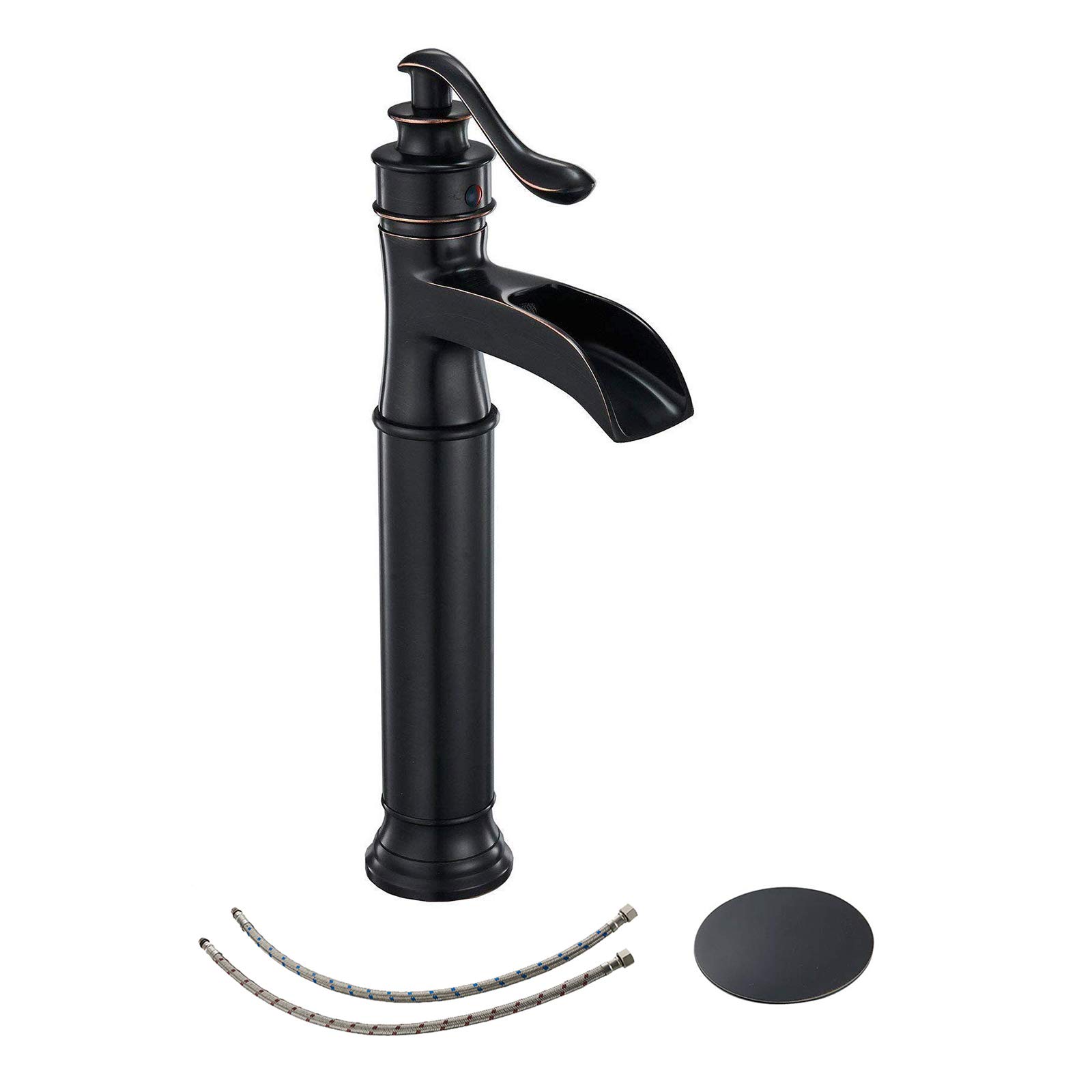 BathfinesseOil Rubbed Bronze Deck Mount Faucet with Waterfall Flow, Low Lead Brass Construction, Easy Installation, Drain Assembly Included